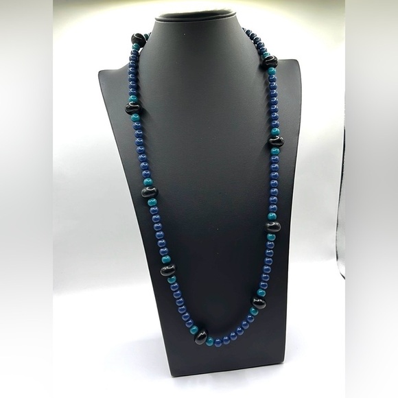 Trifari Beaded Necklace 30” Length Blue Black and Turquoise Blue Beaded Necklace - Picture 11 of 13